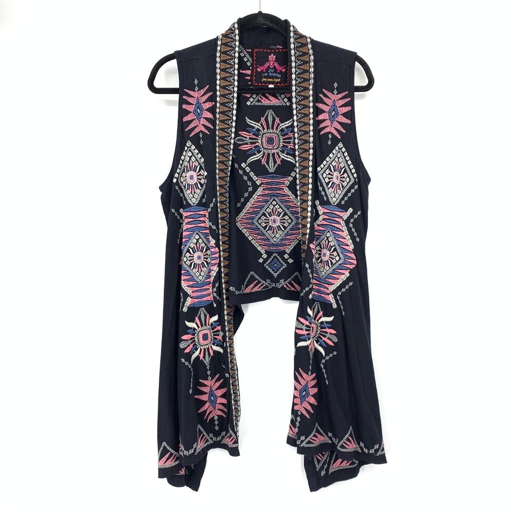 Johnny Was Black Multi Embroidered Boho Waterfall Open Front Vest Womens Large